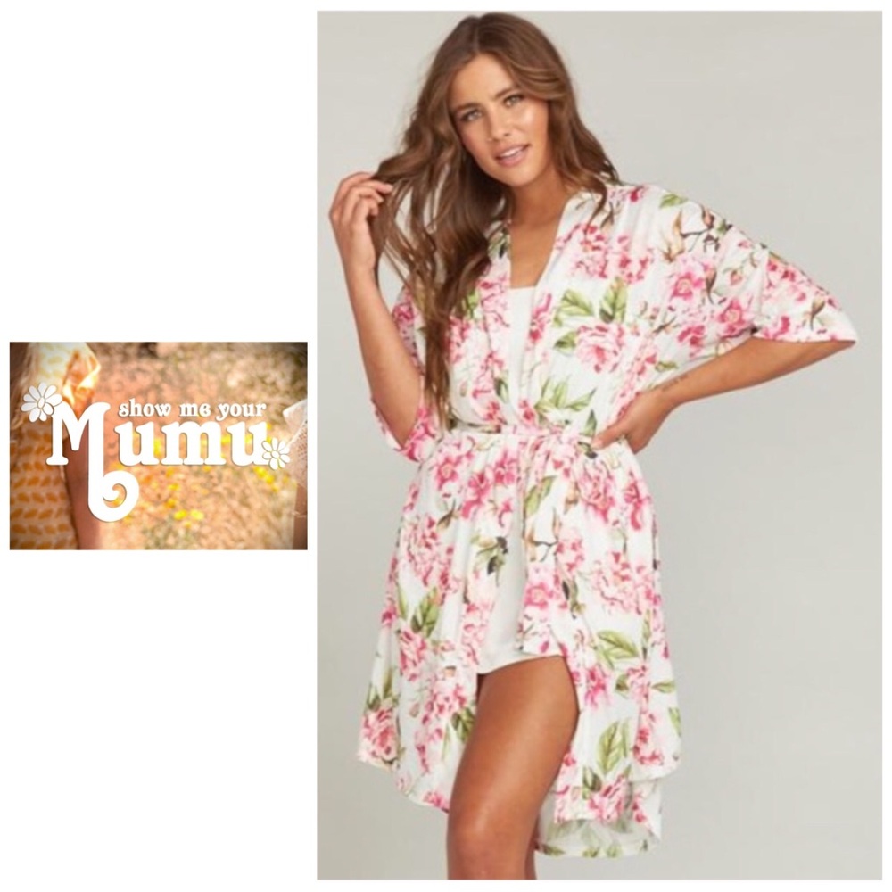 Show Me Your Mumu White Floral Kimono Robe with Pink & Green Print